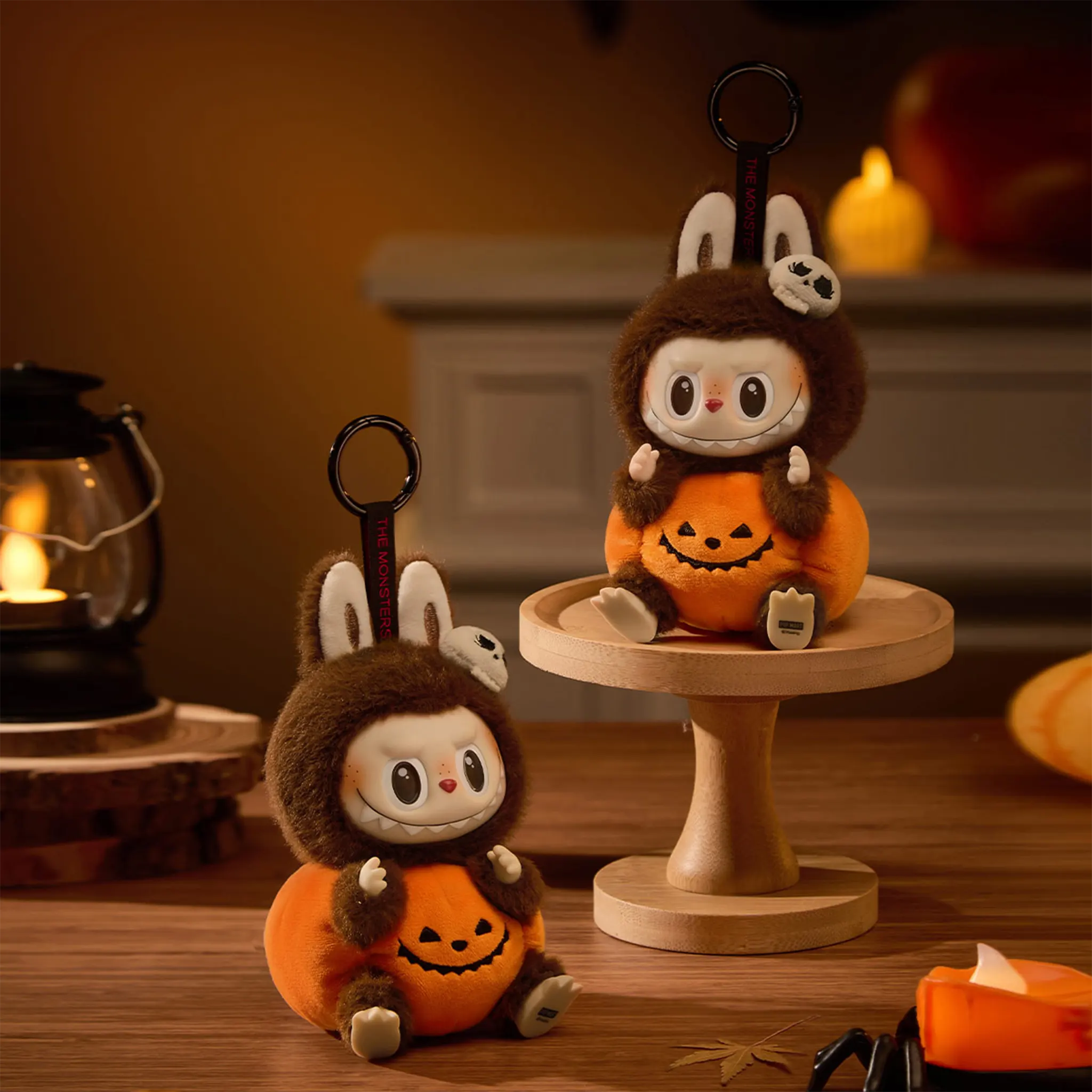 Front Side View of Pop Mart Labubu Happy Halloween Party Series-Sitting Pumpkin Vinyl Plush Pendant (Single)